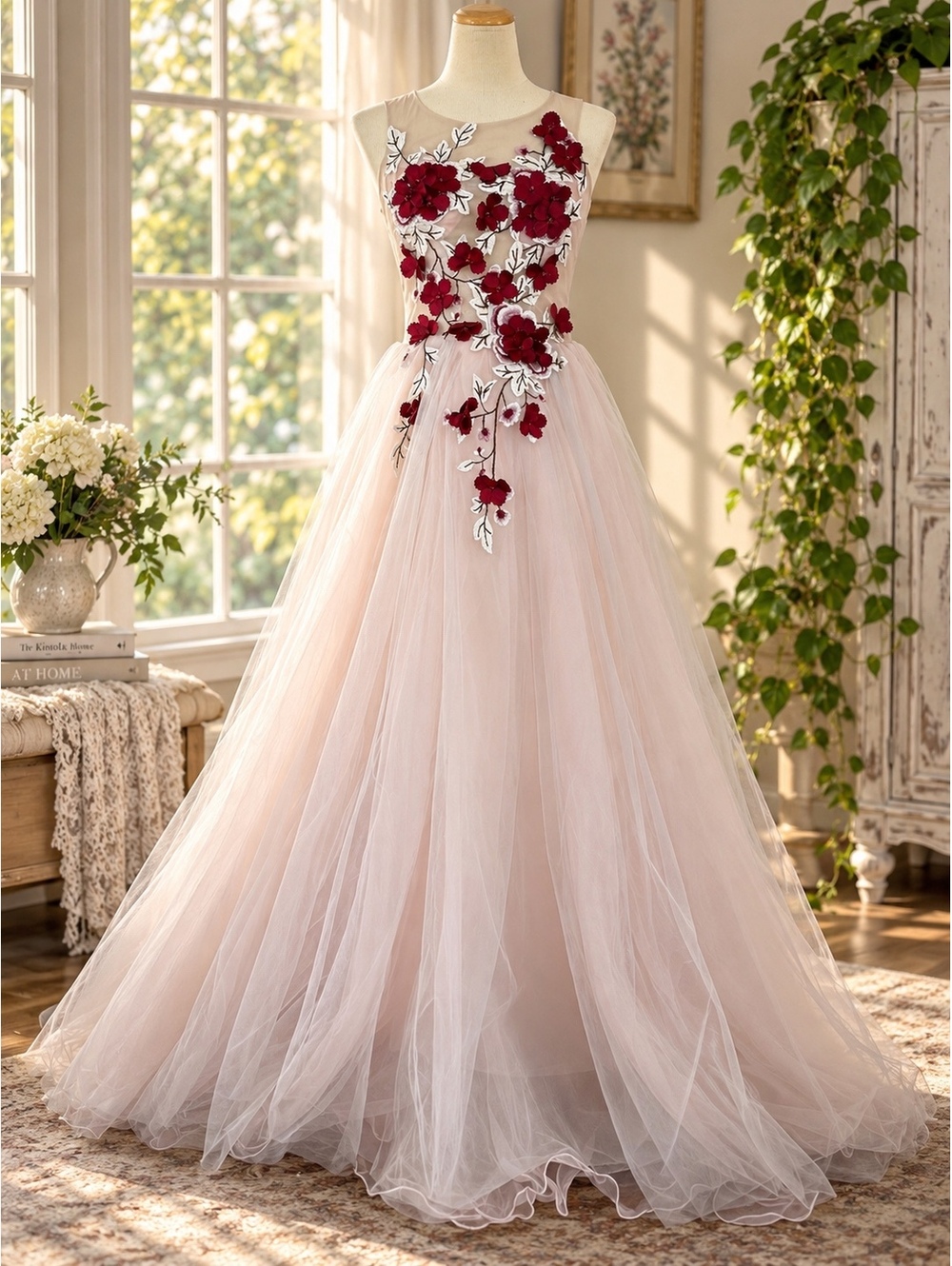 Ethereal Blush Pink Tulle Ball Gown with Deep Crimson 3D Floral Appliqués (Cl1)